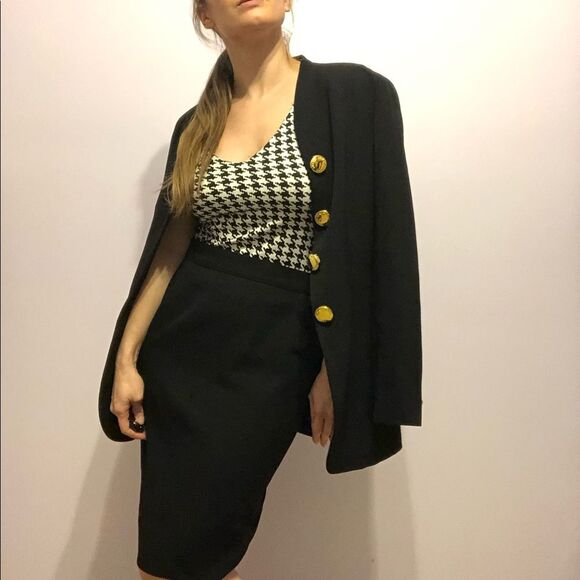 VINTAGE 80s Genny Black Blazer Skirt Suit Set Sz 6 2piece Monochrome Office CEO - Picture 3 of 15